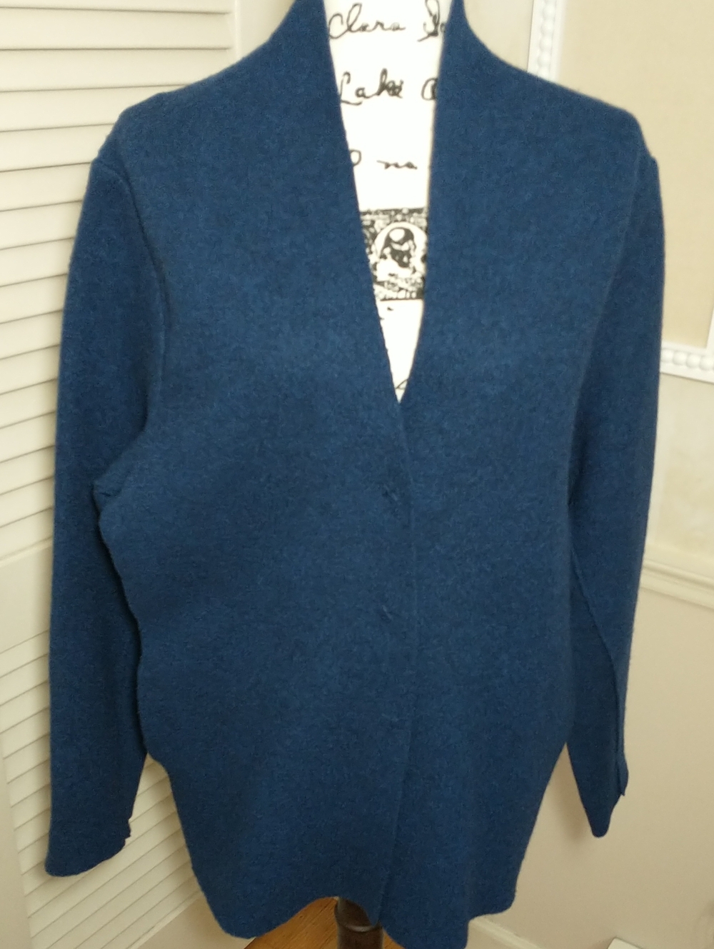 Eileen Fisher 100% Wool Collarless Coat Sweater Jacket, Size XL, Dark Blue